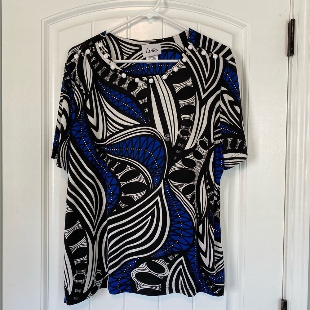 Links Black, Blue & White Short Sleeve Top Large